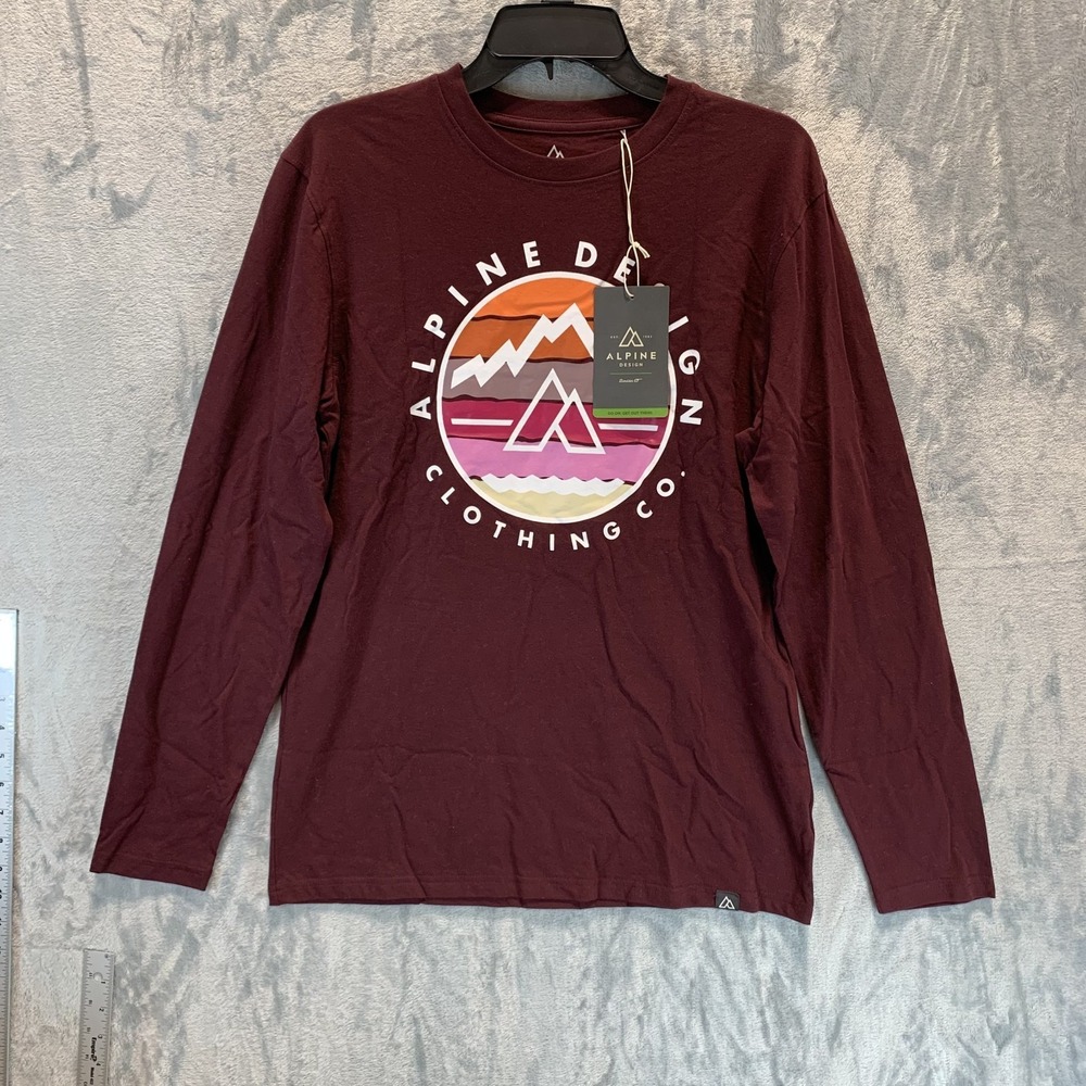 Alpine Design Shirt Mens Small Burgundy Cotton Crew Neck Long Sleeve Graphic Tee